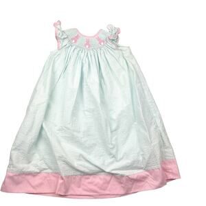 Classic Whimsy Bishop Bunny Dress in Pink, White & Blue Seersucker, Girls 6